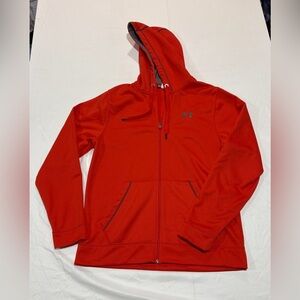 Under Armour Mens Hoodie Jacket Medium Orange Loose Full Zip Pockets Gray Logo